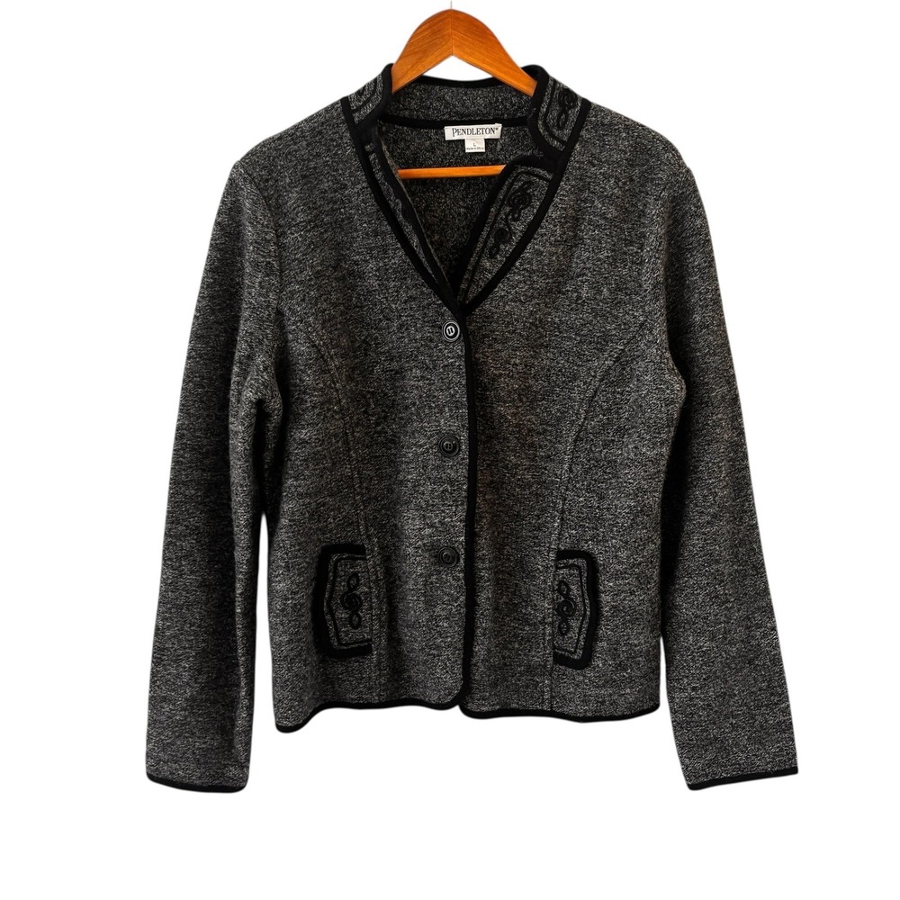 Pendleton‎ Gray Lambswool Cardigan Sweater Womens Size L Floral Embroidered
